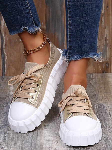 Breathable Flyknit Lace-Up Lightweight Platform Sneakers, Khaki, Sneakers