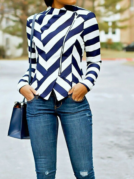 Geometric Stand Collar Regular Fit Long sleeve Jacket, Navyblue, Jackets