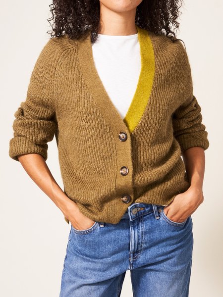 Yellow Daily Long sleeve Color Block V Neck Sweater, Cardigans