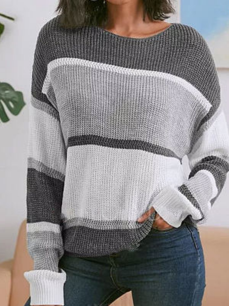 Wool/Knitting Casual Striped Sweater, Gray, Sweaters & Cardigans