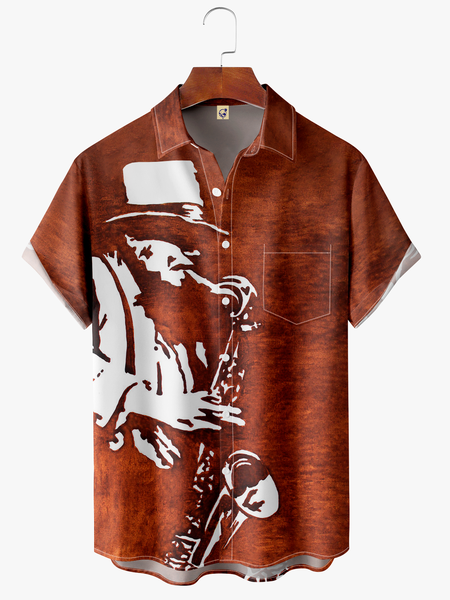 Men's Music Print Casual Short Sleeve Hawaiian Shirt with Chest Pocket, Light coffee, Short Sleeve Shirts