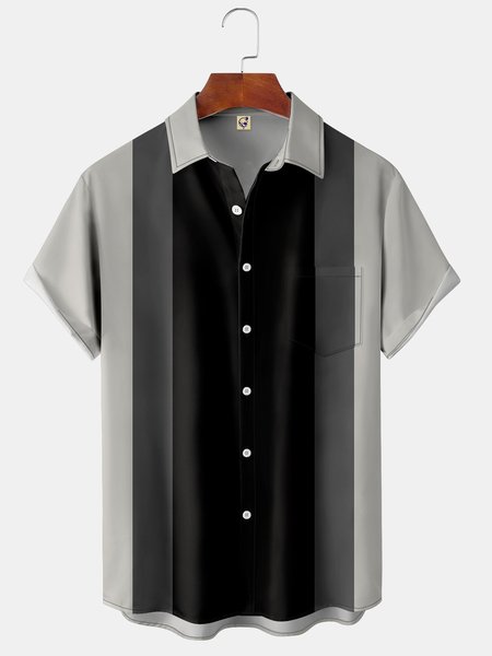 Men's Simple Striped Print Casual Breathable Short Sleeve Shirt, Black, Short Sleeve Shirts