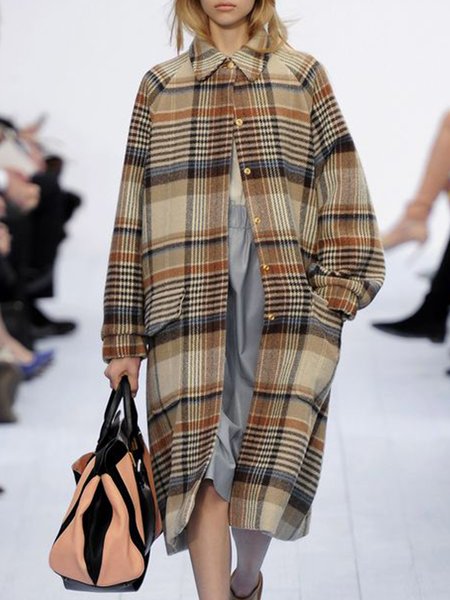 Shawl Collar Loose Urban Pockets Plaid Overcoat, As picture, Coats