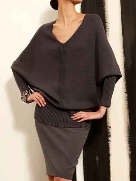 High Elasticity Loose V Neck Long sleeve Sweater, Deep brown, Sweaters