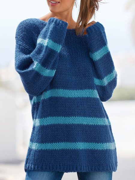 Casual Loose Crew Neck Sweater, Blue, Sweaters
