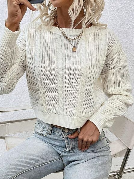 Wool/Knitting Plain Crew Neck Sweater, Off white, Sweaters