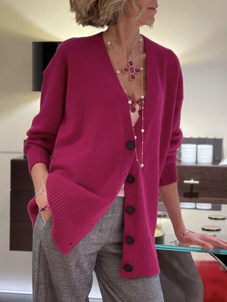 Casual Plain Loose Long Sleeve Sweater Coat, Rose red, Cardigans