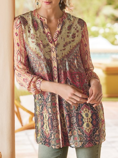 Cotton-Blend Ethnic Casual Blouse, Multicolor, Blouses & Shirts