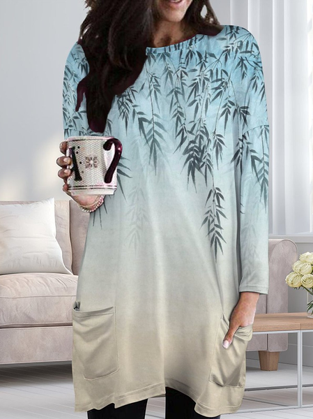 Women Gradient Floral Leaves Casual Loose Floral Dress, Blue, Dresses