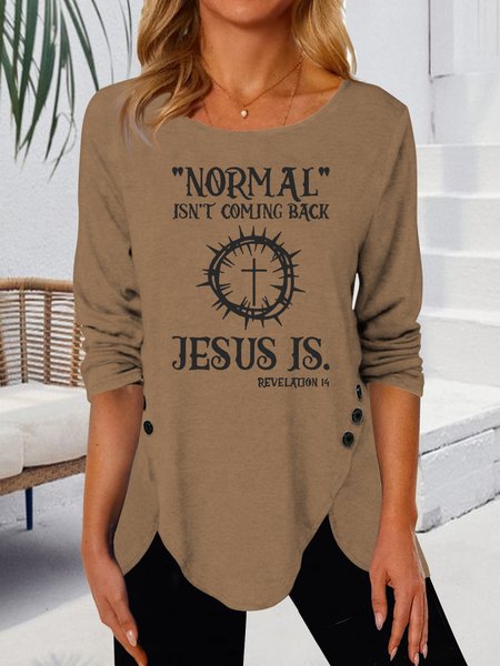 Round Neck Button Design Letter Top, Coffee, Tops