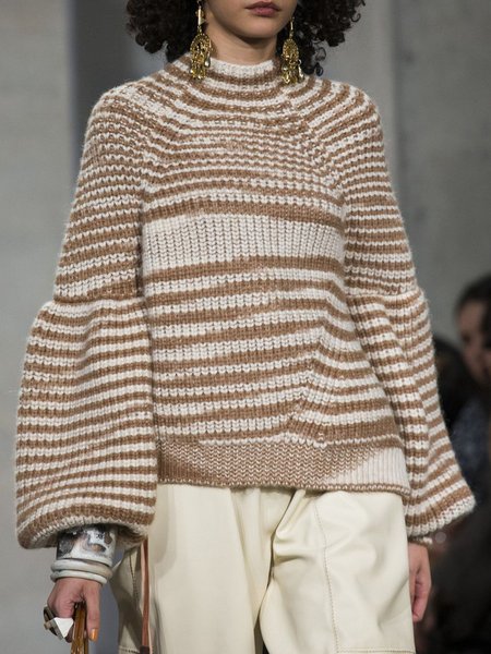 Urban Crew Neck Long Sleeve Striped Loose Sweater, Khaki, Sweaters