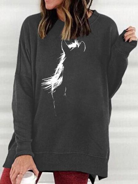 Women Animals Horse Pattern Cotton Casual Sweatshirts, Deep gray, Hoodies&Sweatshirts