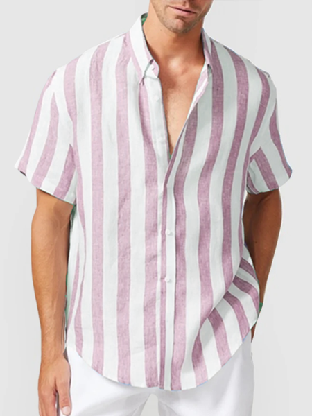 Cotton Linen Style American Casual Striped Versatile Linen Shirt, Pink, Short Sleeve Shirts