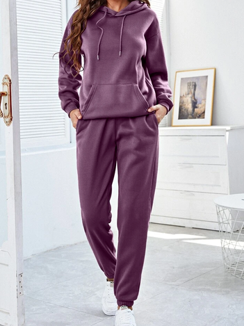 Drawstring Drop Shoulder Thermal Lined Hoodie & Sweatpants, Purple, Suit Set