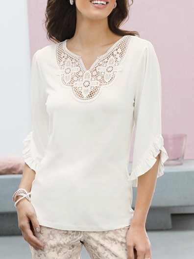 Casual Plain Loose V Neck T-Shirt, White, Tunics