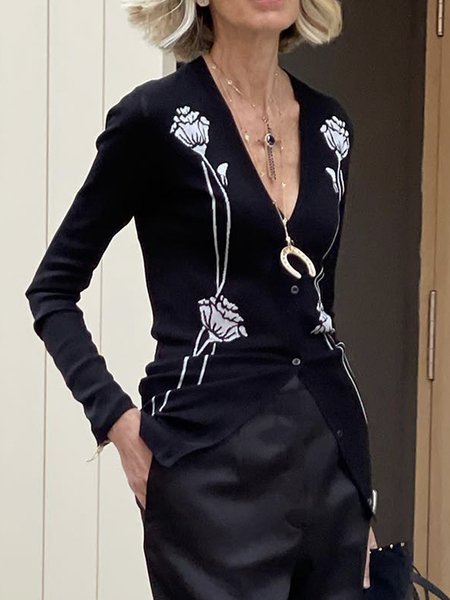 Urban Regular Fit Floral Long Sleeve Sweater, Black, Sweaters