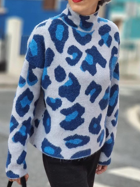 High Elasticity Loose Urban Leopard Stand Collar Long sleeve Sweater, Blue, Sweaters
High Elasticity Loose Urban Leopard Stand Collar Long sleeve Sweater, Blue, Sweaters