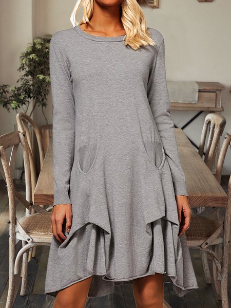 Crew Neck Regular Fit Casual Dress, Gray, Dresses