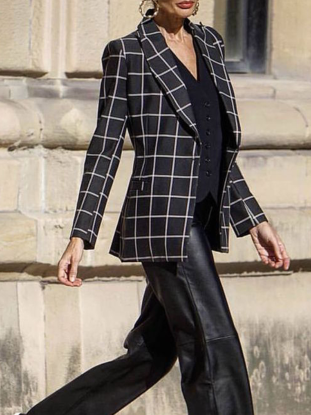 Plaid Urban Loose Lapel Collar Long sleeve Blazer, Black, Blazers