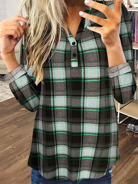 Plaid Casual Loose Tops, Green, Tops
