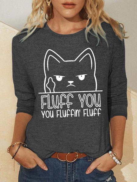 Women Cat Middle Finger Lover Crazy Cat Lady Crew Neck Simple Long Sleeve Tops, Gray, Long sleeves
