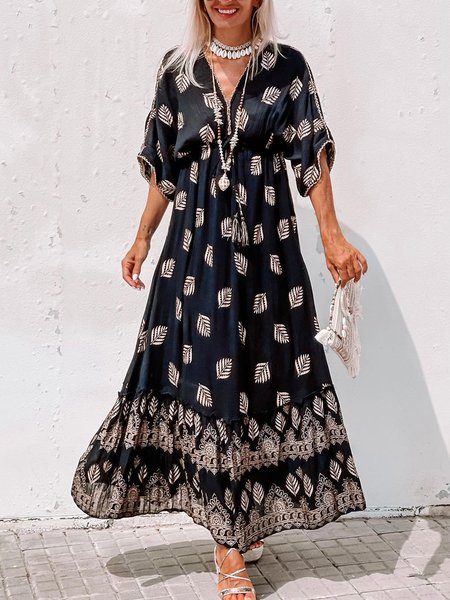 Tassel elastic waist leaf print loose holiday Long Dress Plus Size, Black, Maxi Dresses