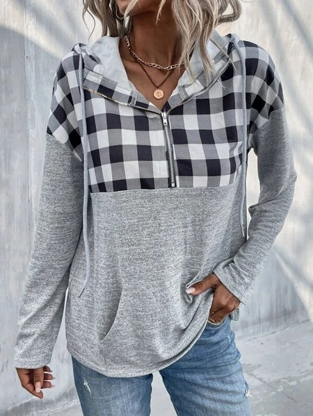Checkered Print Zip-Up Drawstring Hoodie, Gray, Hoodies & Sweatshirts