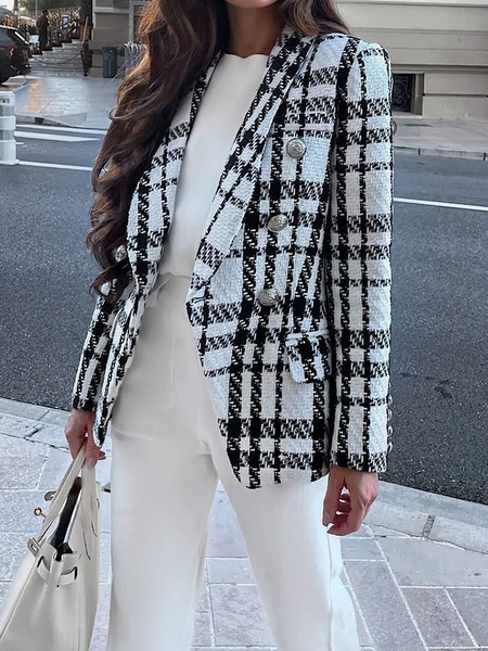 Regular Fit Lapel Collar Long sleeve Urban Plaid Blazer, Black, Blazers