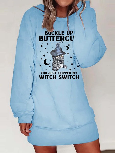 Women Buckle Up Black Cat Witch Switch Casual Sweatshirt Dress, Light blue, Dresses