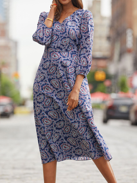 Casual Paisley V Neck Dresses, Blue, Midi Dresses