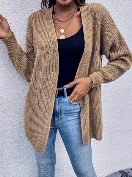 Casual Plain Loose Sweater Coat, Khaki, Outerwear
