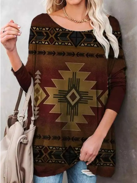 Ethnic Crew Neck Casual T-Shirt, Multicolor, Tops