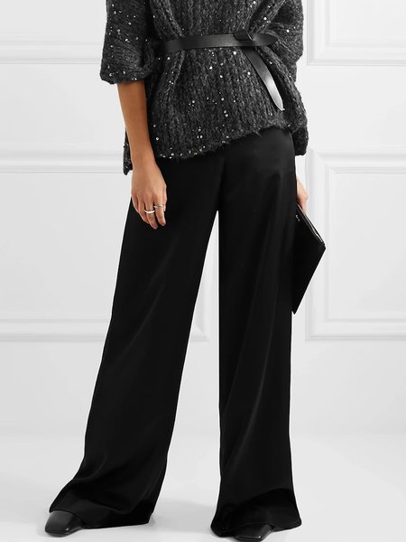 Plain Regular Fit Fashion Wide leg Pants, Black, Pants