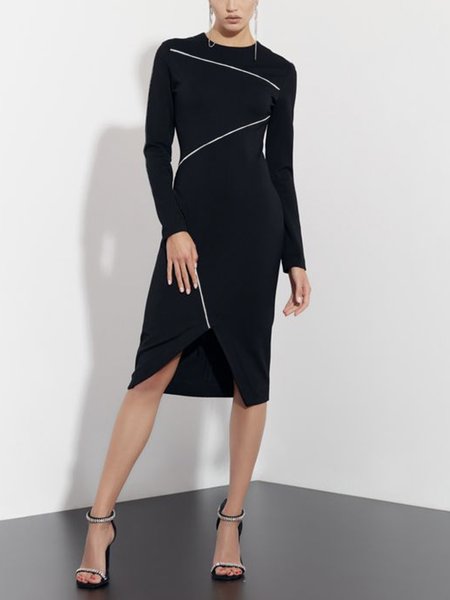 Crew Neck Urban Long Sleeve Tight Midi Dress, Black-white, Midi Dresses