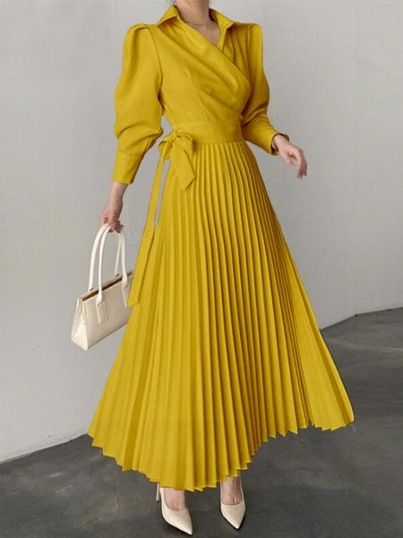 Elegant Plain Regular Fit Midi Dress, Yellow, Dresses