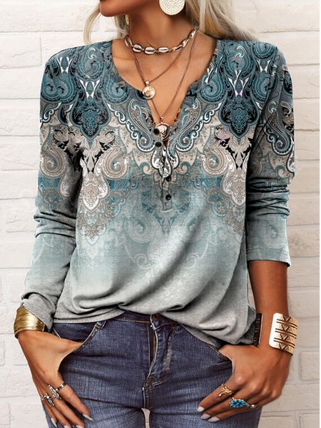 Regular Fit Half Open Collar Ethnic Boho Tops, Multicolor, T-Shirts