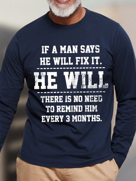 Men Fix Casual Loose Text Letters T-Shirt, Dark blue, Long Sleeves