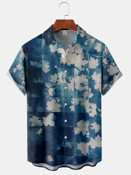 Men's Casual Short Sleeve Hawaiian Shirt with Chest Pocket Print, Blue, Short Sleeve Shirts
