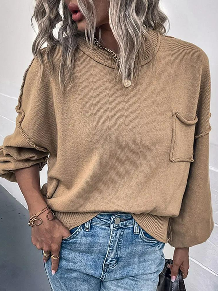 Casual Pocket Detail Lantern Sleeve Sweater, Khaki, Sweaters & Cardigans