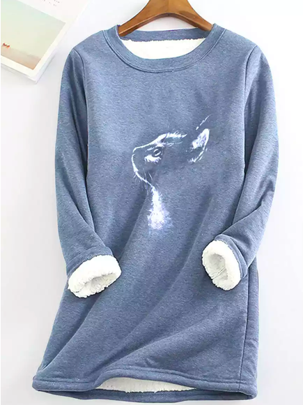 Crew Neck Casual Cat Sweatshirts, Blue, Sweatshirts & Hoodies