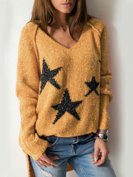 Star V Neck Wool/Knitting Sweater, Yellow, Sweaters & Cardigans