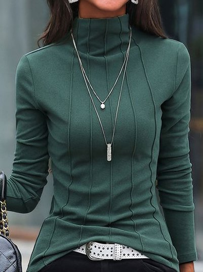 Casual Turtleneck Plain Tops, Green, T-Shirts