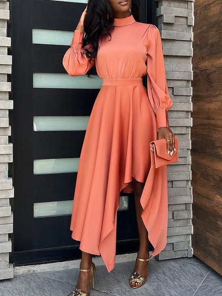 Elegant Plain Stand Collar Irregular Long Sleeve Dress, Orange, Midi Dresses