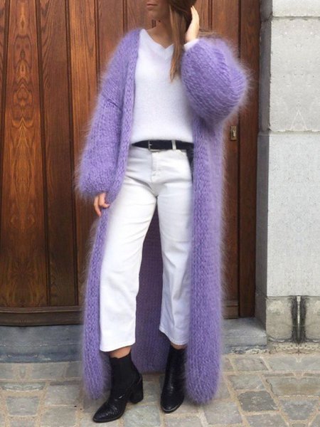 Casual Plain Loose Long Sleeve Sweater Cardigan, Purple, Cardigans