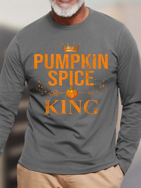 Men Pumpkin Spice King Happy Halloween Crew Neck Casual T-Shirt, Gray, Long Sleeves