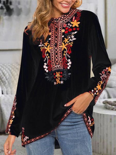 Ethnic Floral Design Crew Neck Loose Top, Black, Tunics