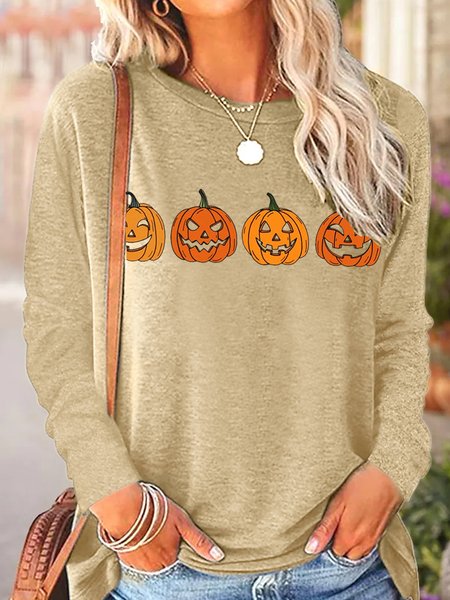 Womens Pumpkin Casual Tops, Apricot, Long sleeves