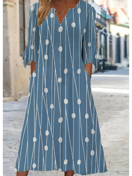 V Neck Geometric Loose Dresses, Blue, Midi Dresses