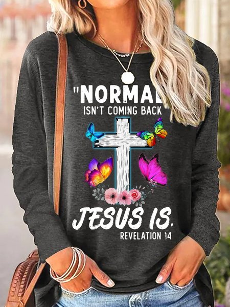 Womens Christian Jesus Letters Top, Gray, Long sleeves