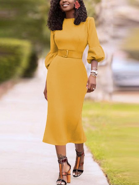 Crew Neck Plain Elegant Midi Dress, Yellow, Midi Dresses